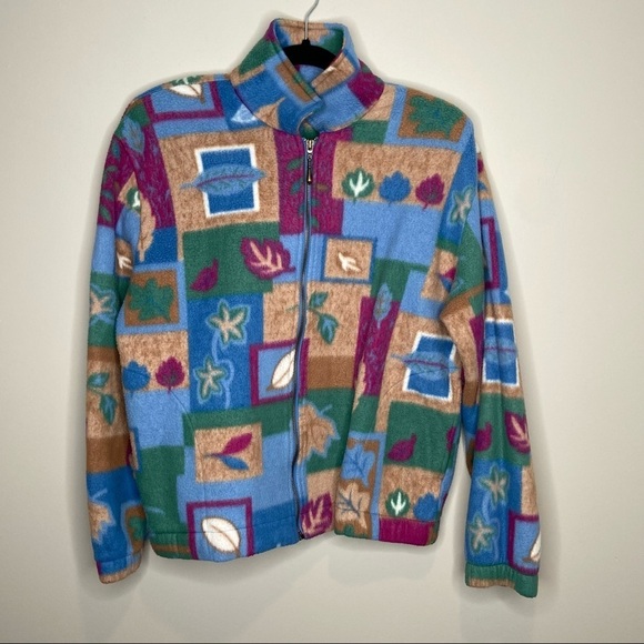 Vintage Teddi fleece leaf print jacket Sz Pet Xl - Picture 1 of 6